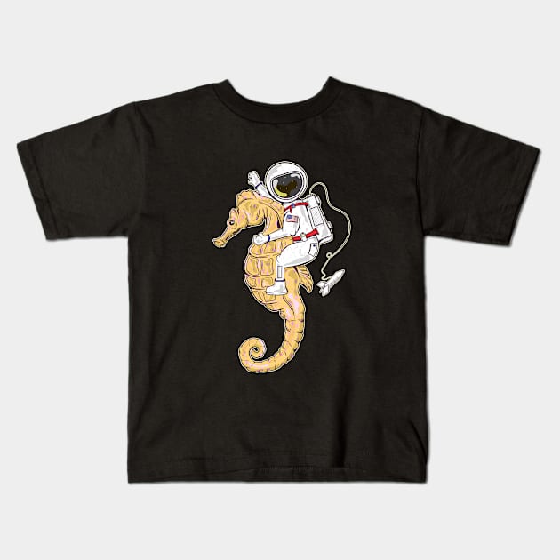 Astronaut riding a seahorse in space Kids T-Shirt by mailboxdisco